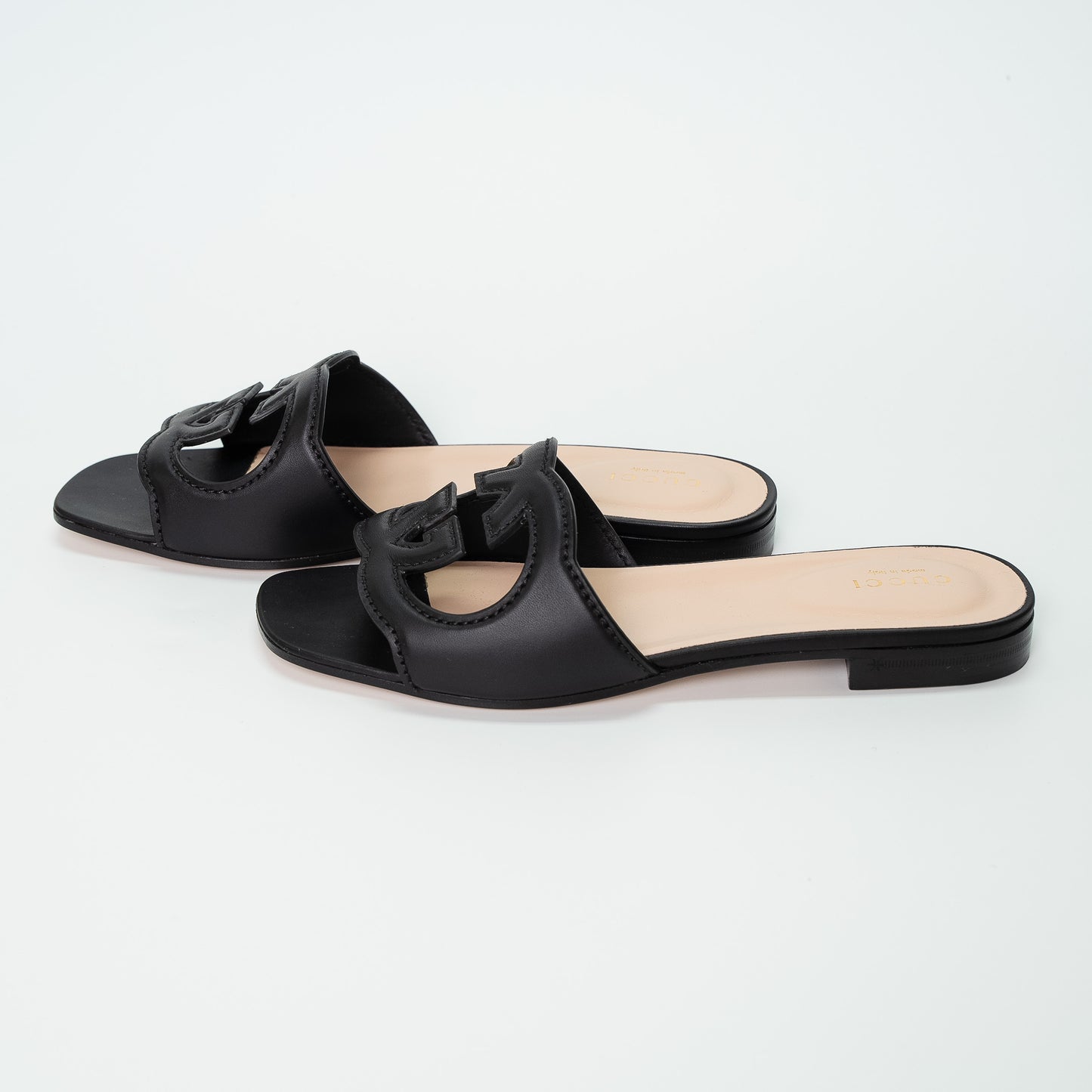 Gucci Black Leather GG Slide Sandals