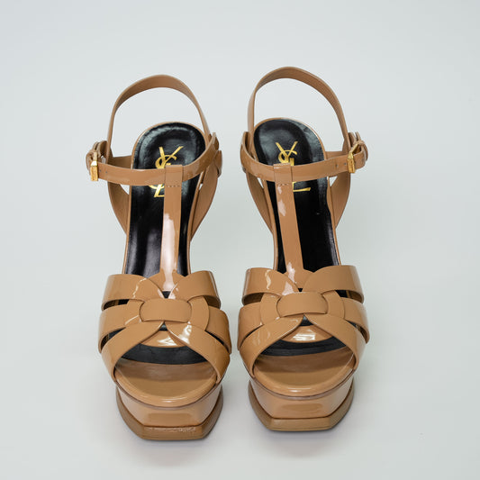 Saint Laurent Tribute Platform Sandals in Dark Beige Patent Leather