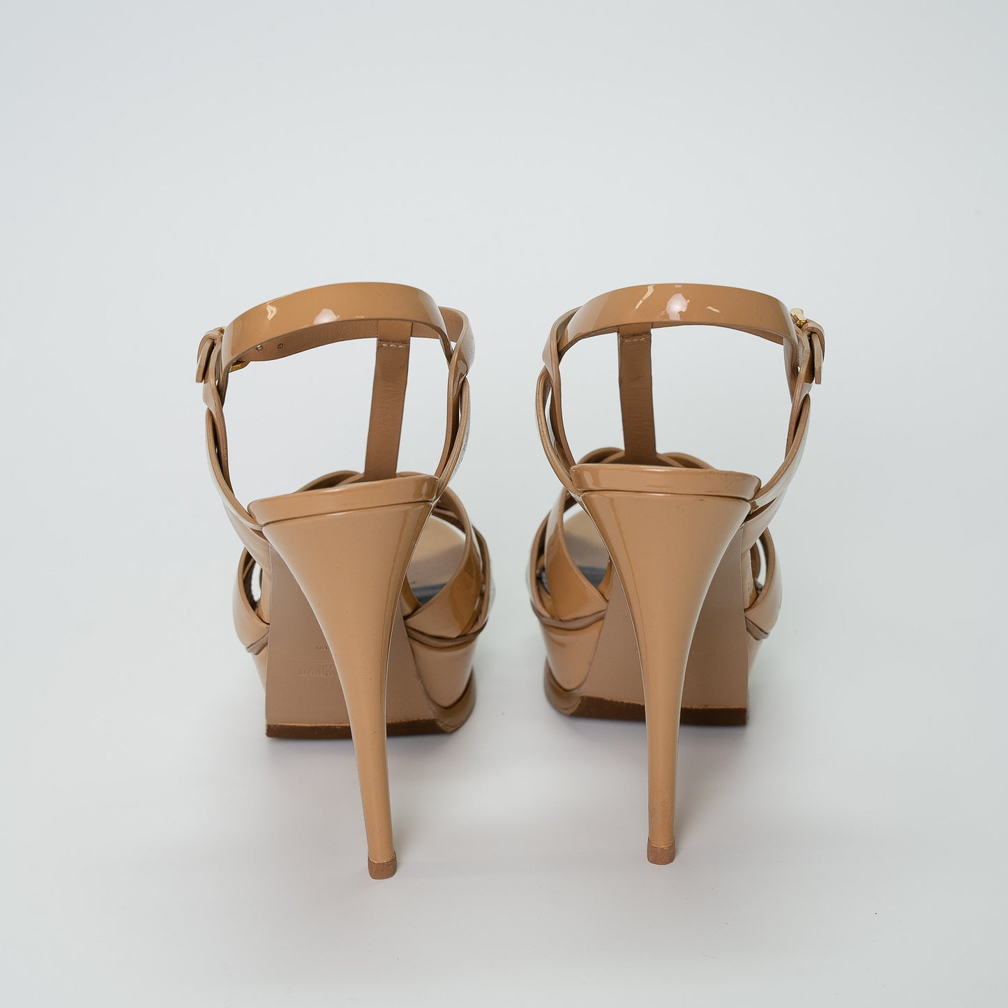 Saint Laurent Tribute Platform Sandals in Dark Beige Patent Leather