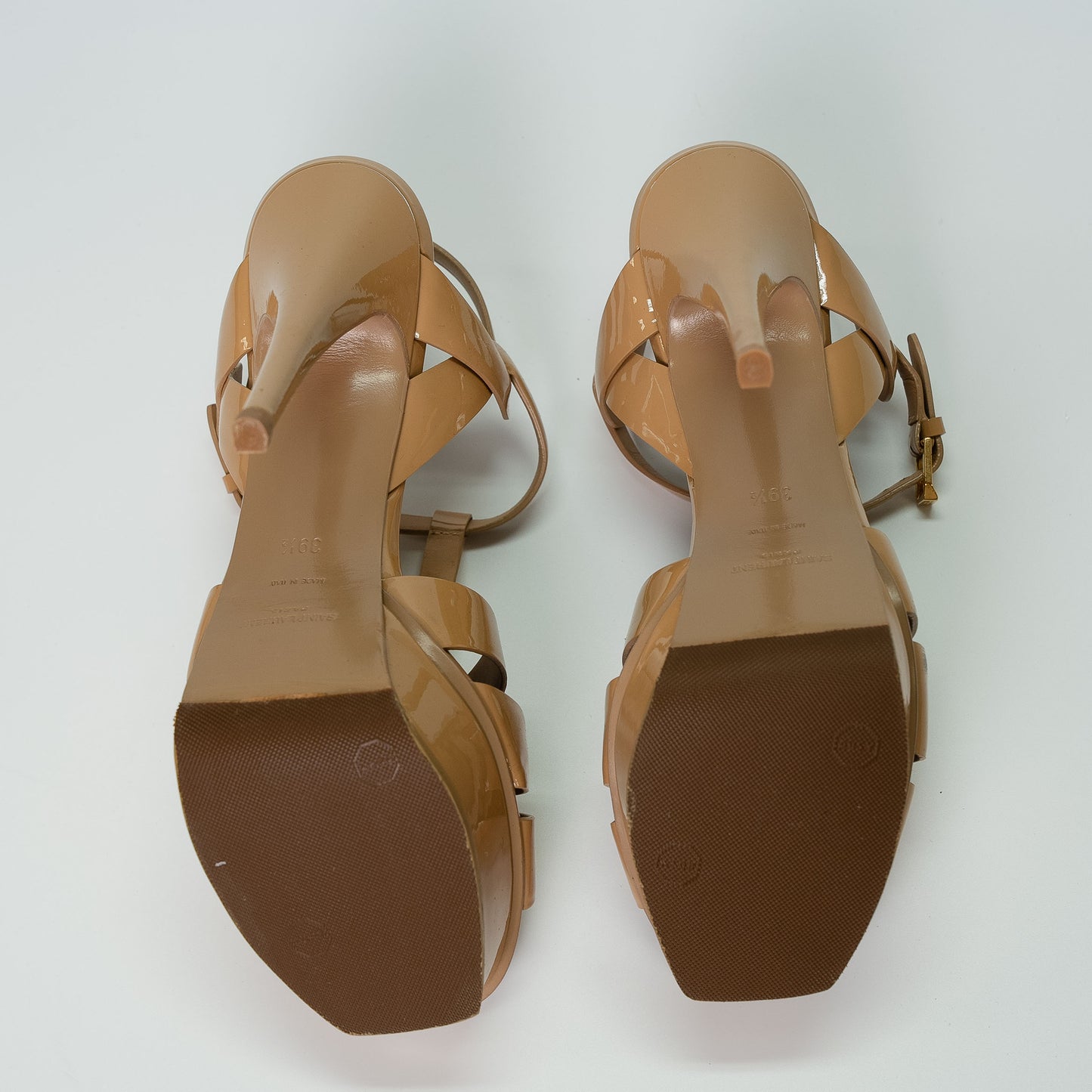 Saint Laurent Tribute Platform Sandals in Dark Beige Patent Leather
