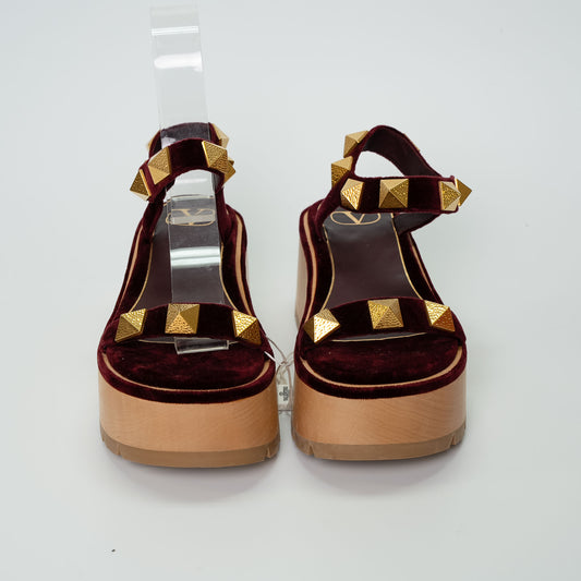 Valentino Garavani Burgundy Roman Stud Velvet Platform Sandals