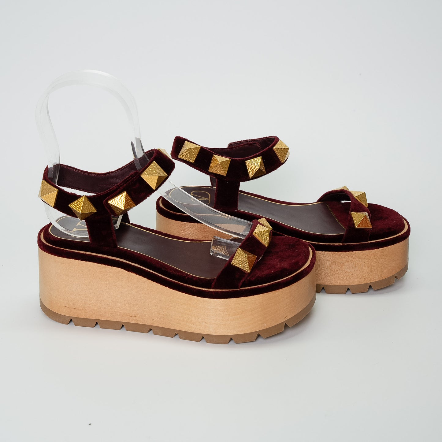 Valentino Garavani Burgundy Roman Stud Velvet Platform Sandals