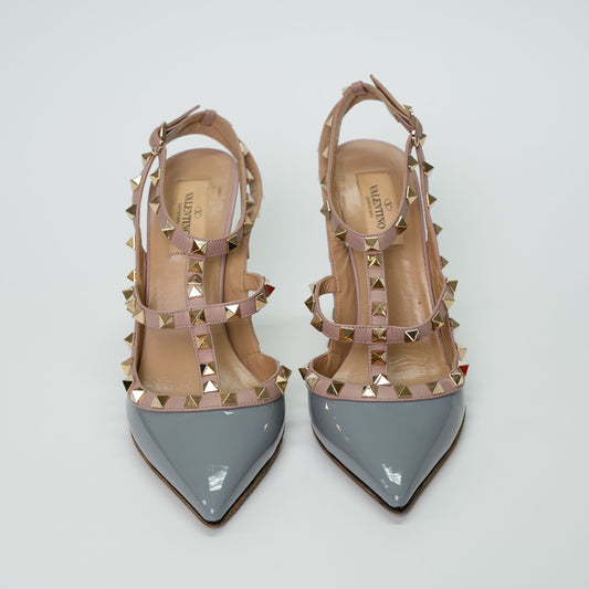 Valentino Garavani Rockstud Caged Pumps Gris & Poudre Patent Leather