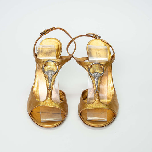 Gucci Gold Metallic Leather Sandals with Crystal GG Detail