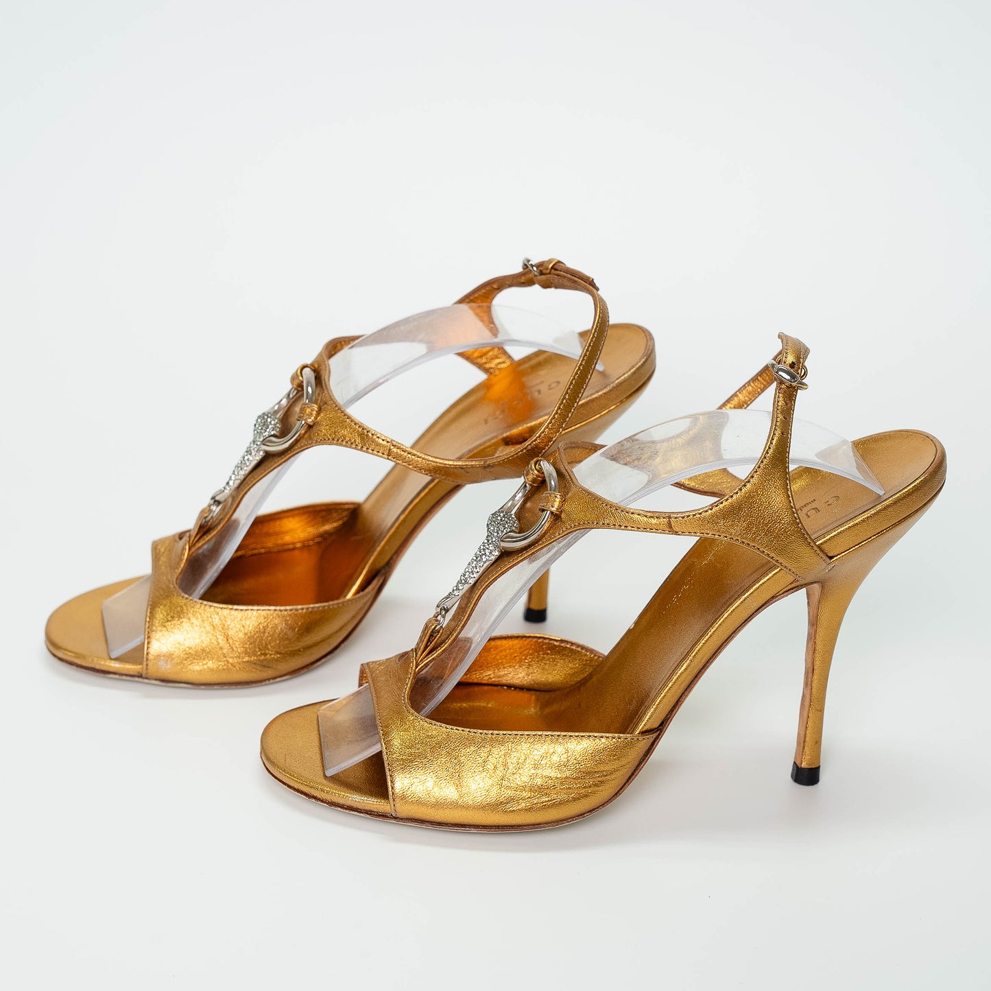 Gucci Gold Metallic Leather Sandals with Crystal GG Detail