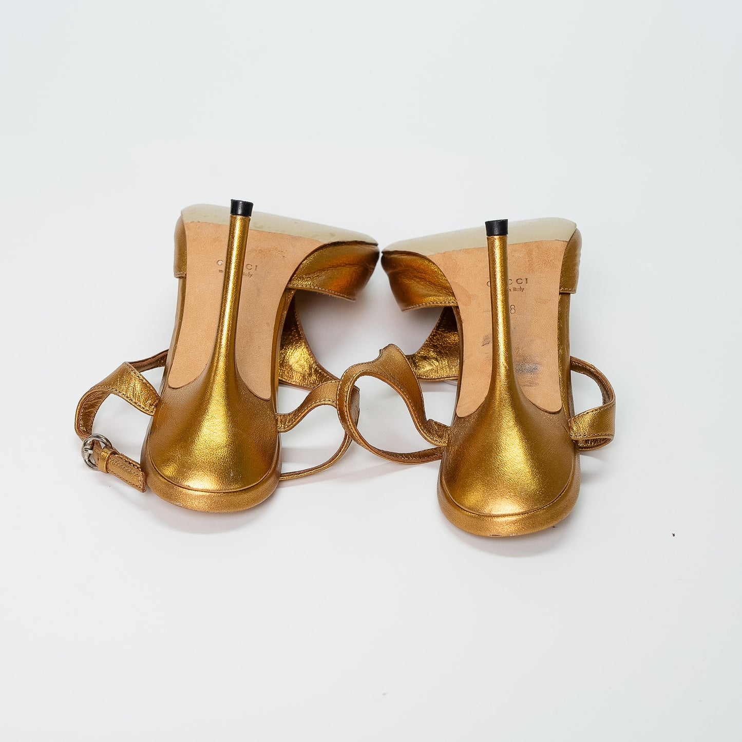 Gucci Gold Metallic Leather Sandals with Crystal GG Detail