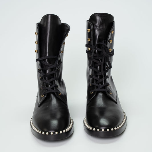 Stuart Weitzman Black Pearl-Studded Combat Boots