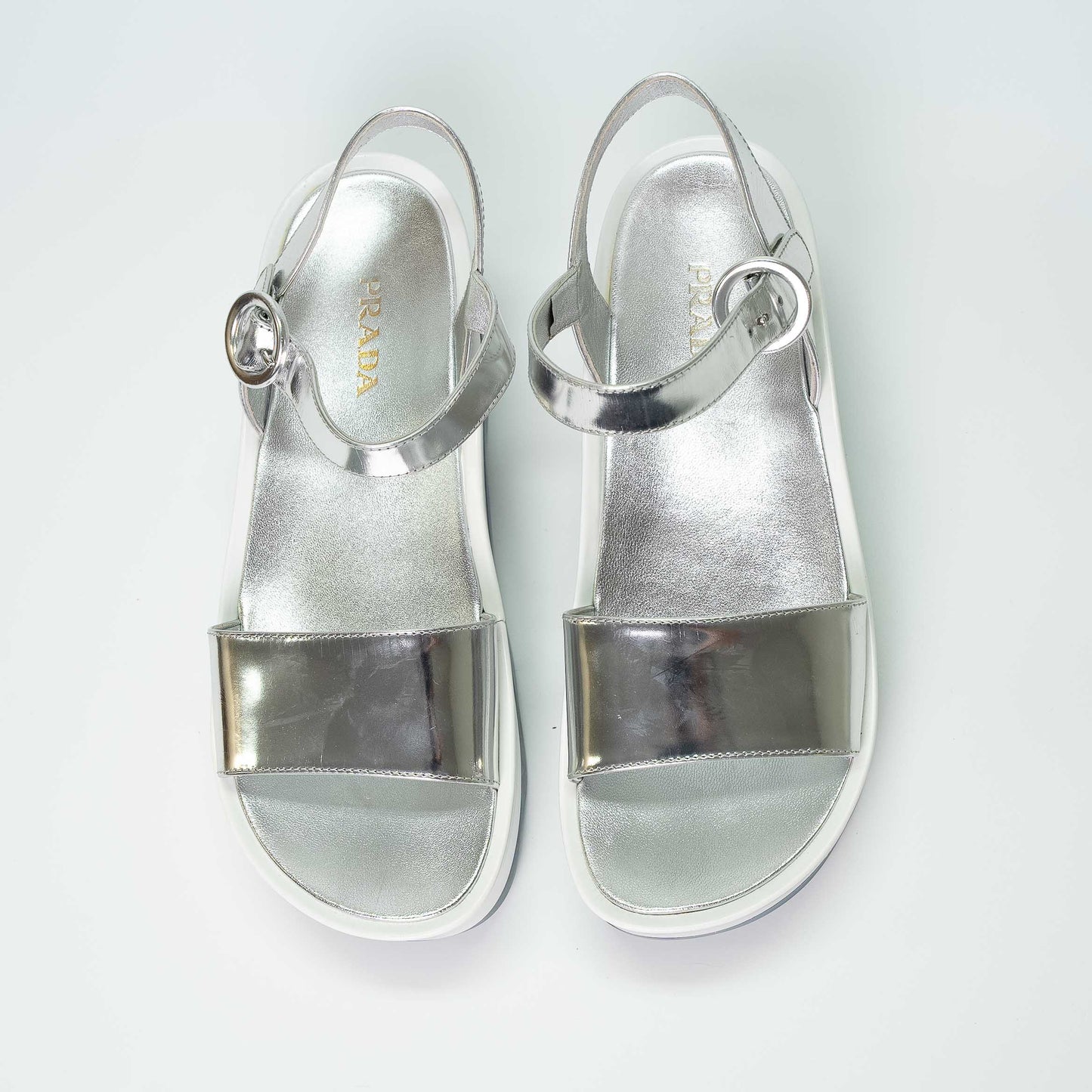 Prada Silver Metallic Leather Platform Sandals