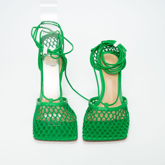 Bottega Veneta Green Mesh & Leather Ankle Strap Sandals
