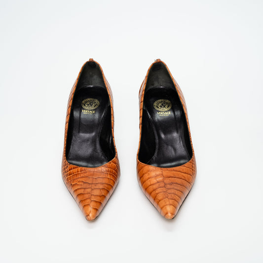 Versace Cognac Embossed Leather Court Shoes