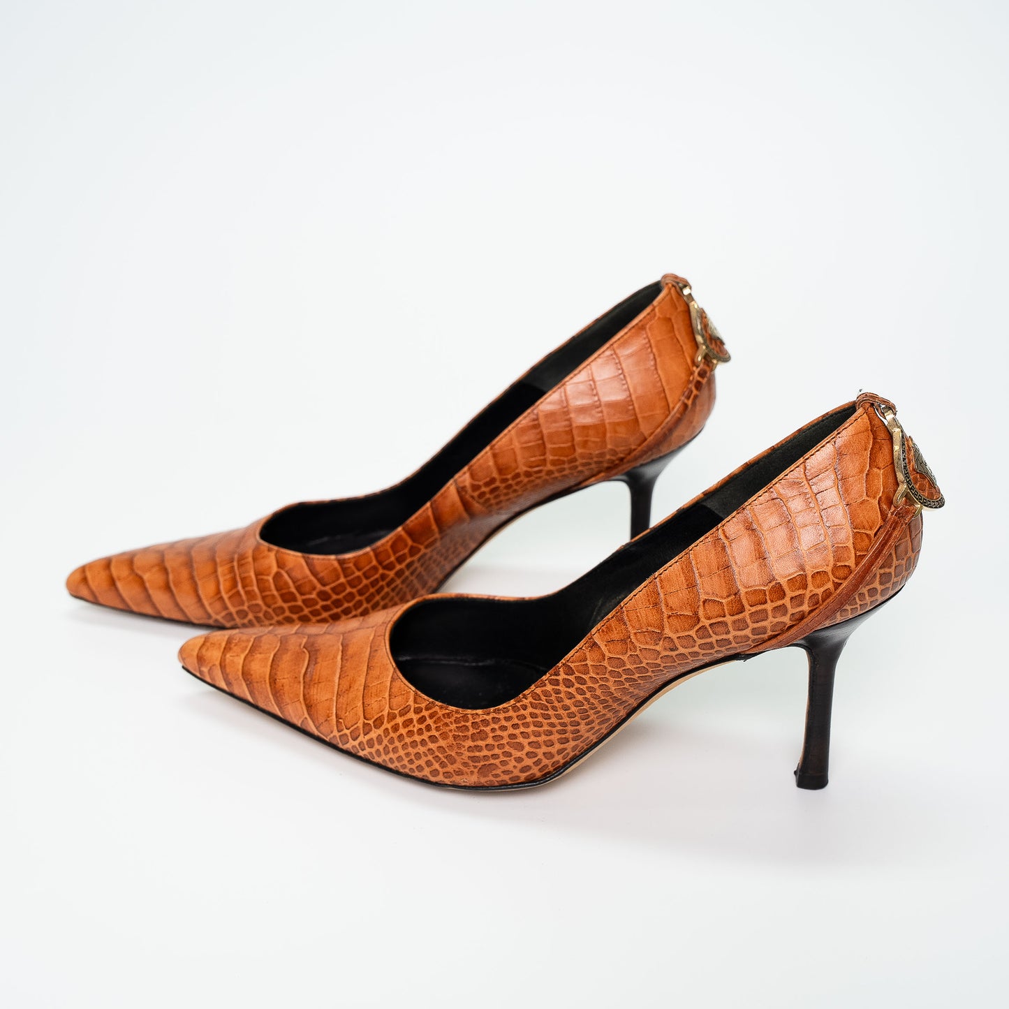 Versace Cognac Embossed Leather Court Shoes