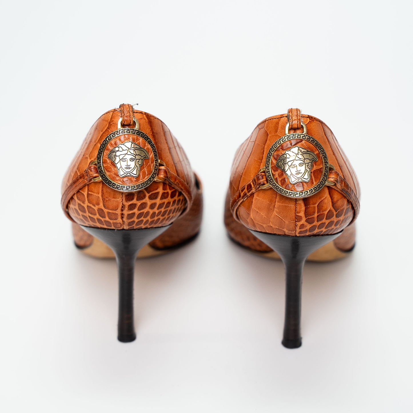 Versace Cognac Embossed Leather Court Shoes