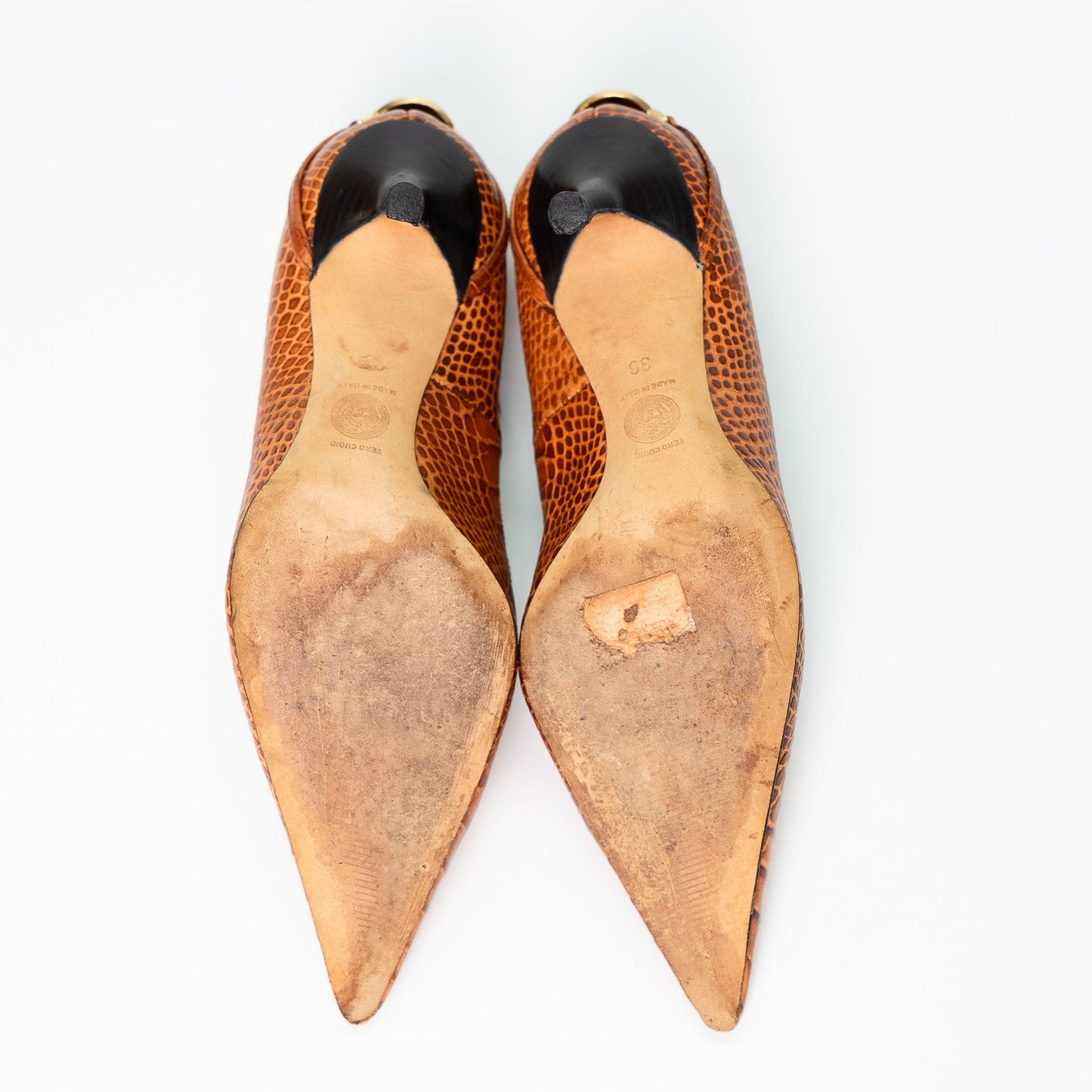 Versace Cognac Embossed Leather Court Shoes