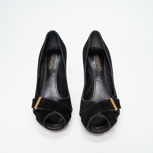 Louis Vuitton Black Suede Peep Toe Heels Shoes