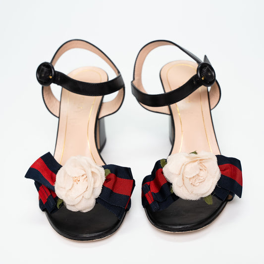 Gucci Web Bow Flower Leather Sandals