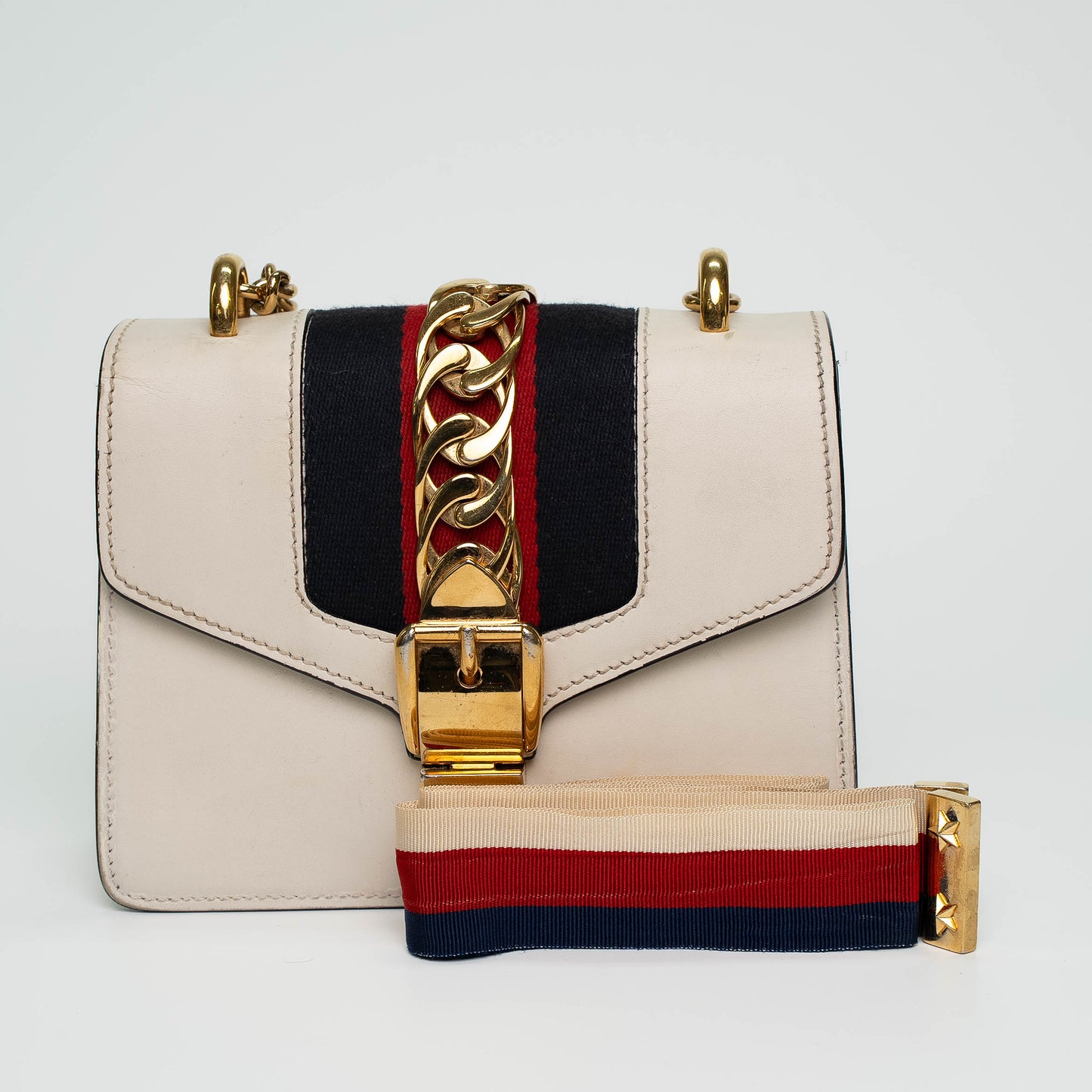 Gucci Sylvie Cream White Leather Flap Shoulder Bag