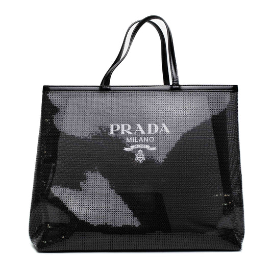 Prada Sequined Mesh Black Logo Tote