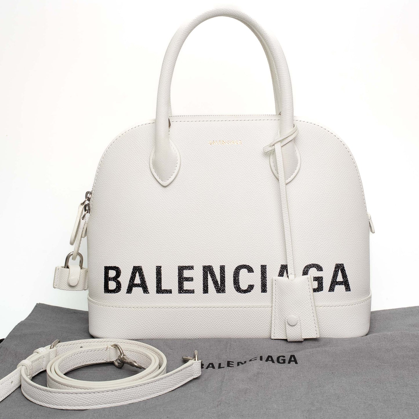 Balenciaga Logo White Smooth Leather Top Handle Bag