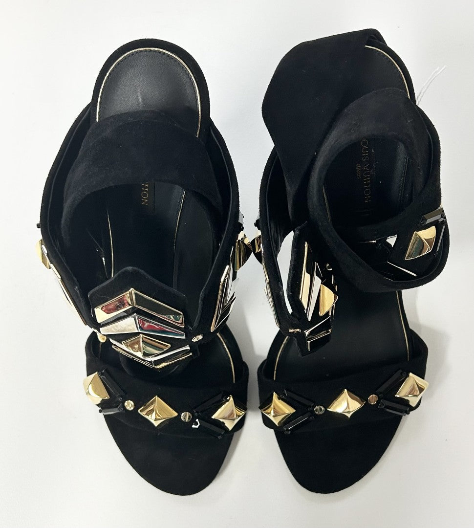LOUIS VUITTON BLACK/NAVY LEATHER PEEP TOE PLATFORMS image 3