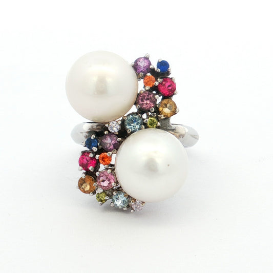 White Gold South Sea Pearl & Gemstone Cluster Ring