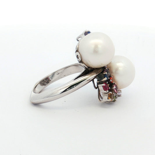 White Gold South Sea Pearl & Gemstone Cluster Ring