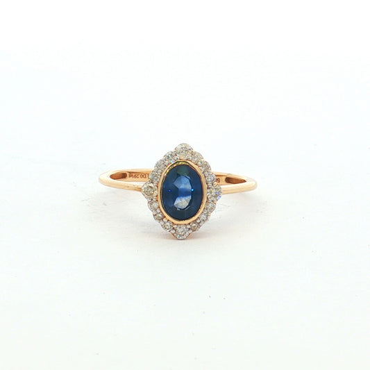 Yellow Gold Blue Sapphire & Diamond Cluster Ring