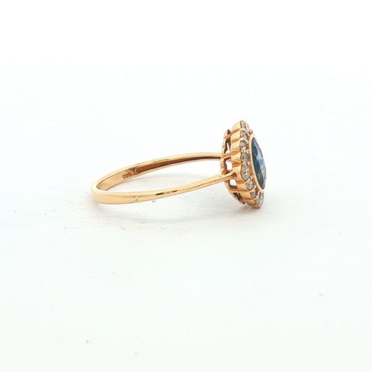 Yellow Gold Blue Sapphire & Diamond Cluster Ring
