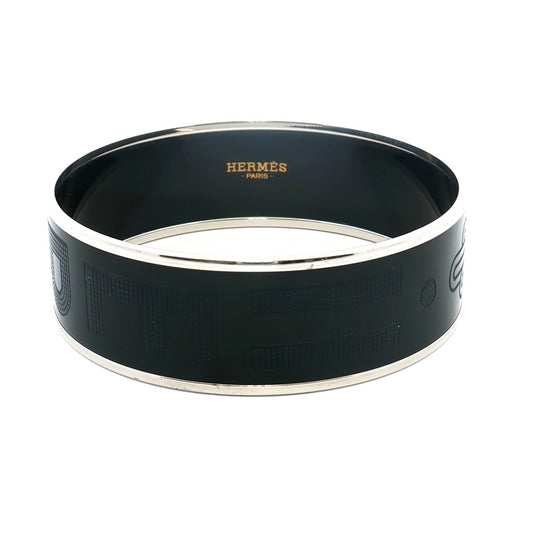 Hermès Wide Black Enamel Silver Bangle
