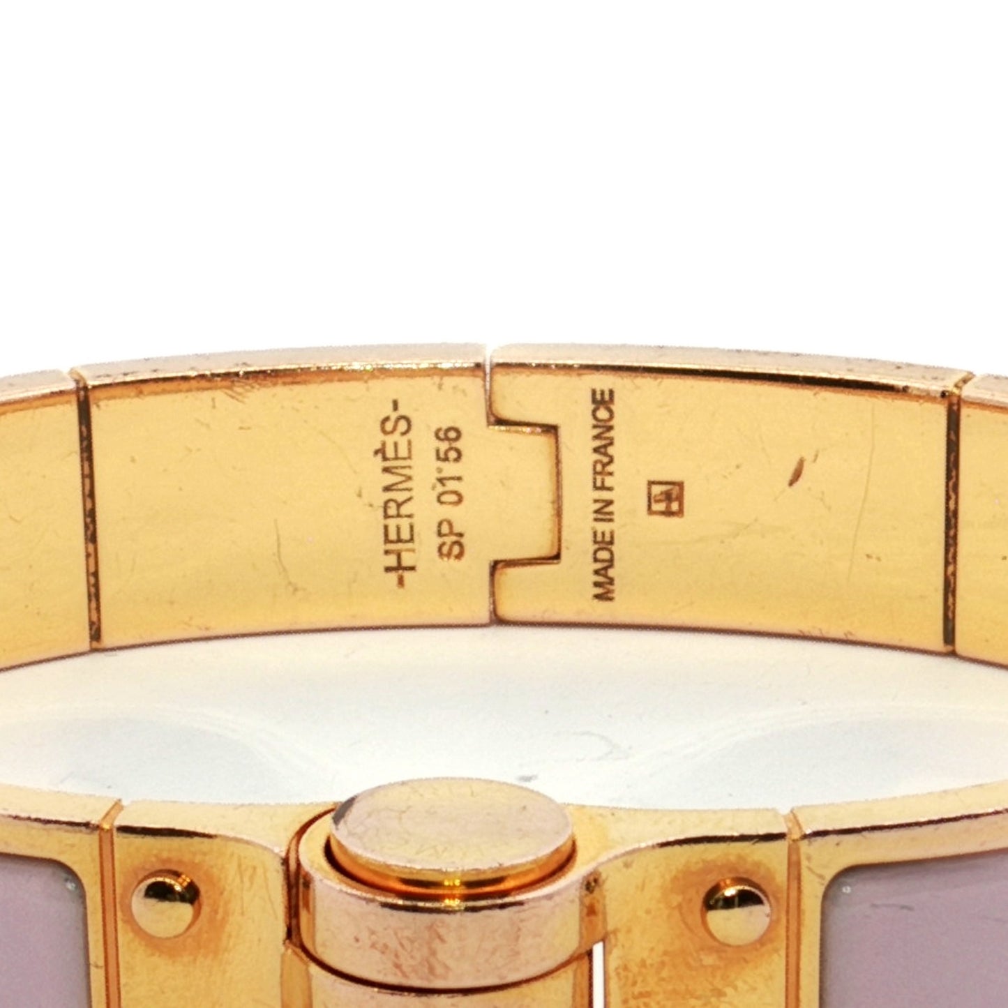 Hermès Charniere Uni Light Pink Enamel Gold Bracelet