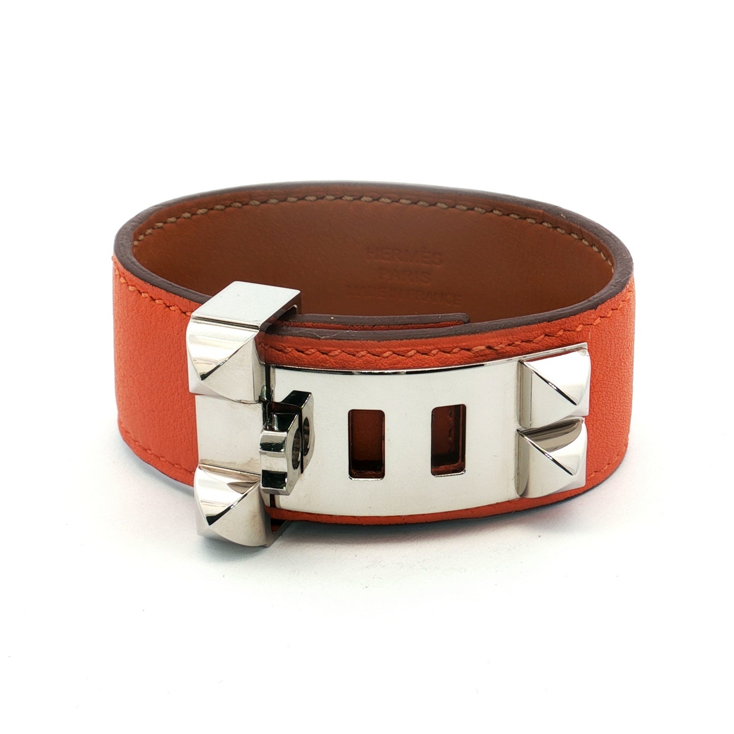 Hermès Collier de Chien 24 Orange Leather Silver Bracelet