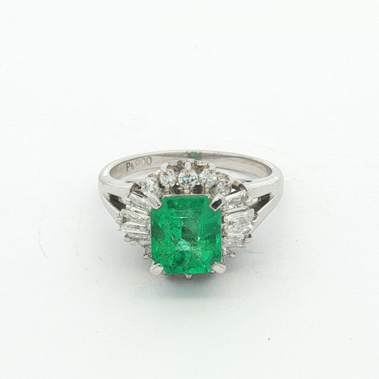 Platinum Emerald & Diamond Cluster Dress Ring