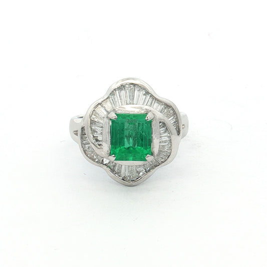 Platinum 1.45ct Colombian Emerald & Diamond Ballerina Cluster Ring