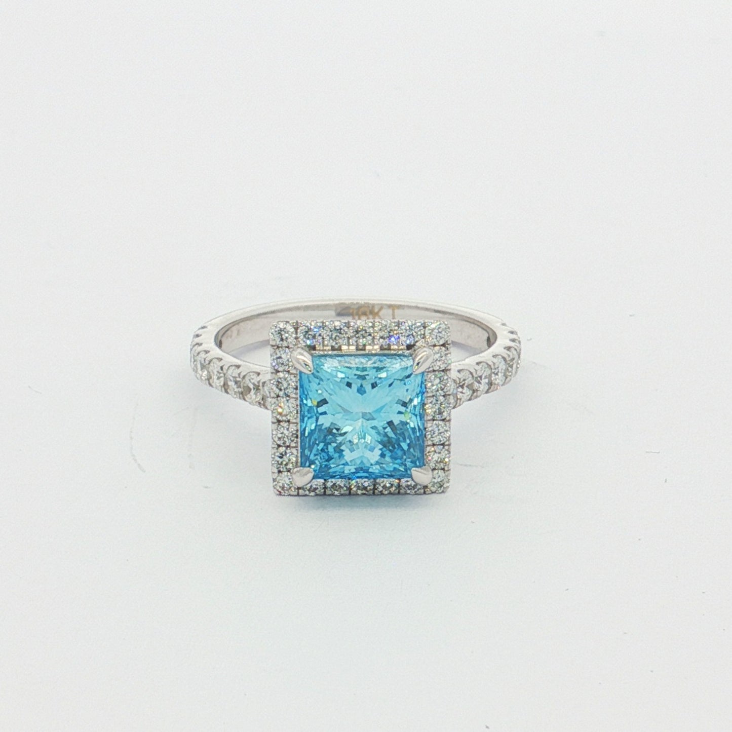 White Gold Blue Princess-Cut Halo Ring