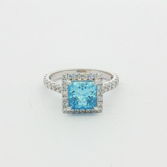 White Gold Blue Princess-Cut Halo Ring
