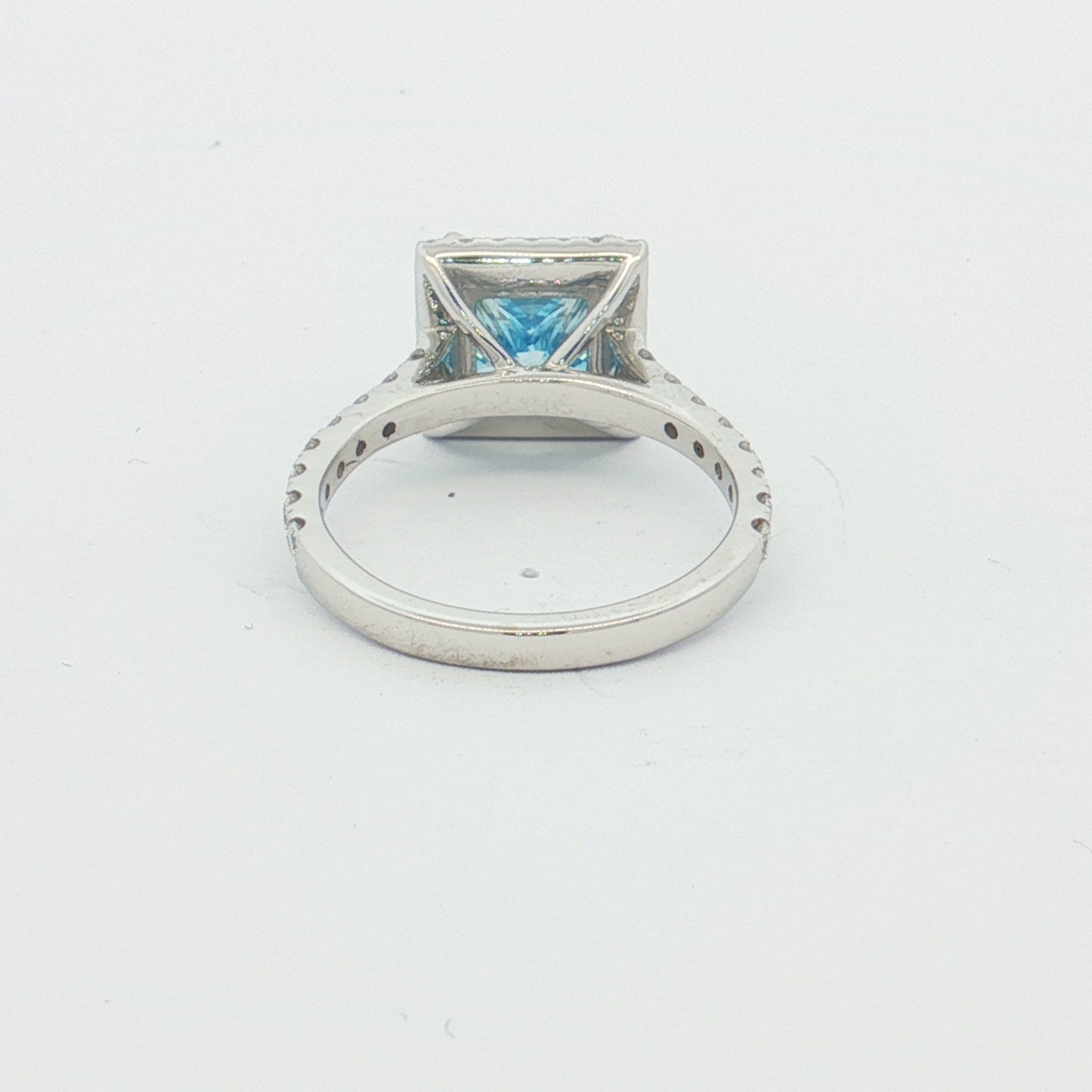 White Gold Blue Princess-Cut Halo Ring