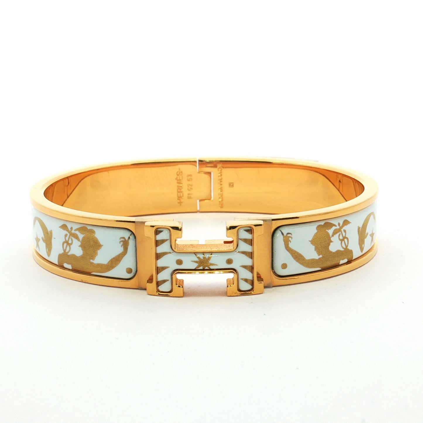 Hermès Clic H Patterned White Enamel Gold Bracelet