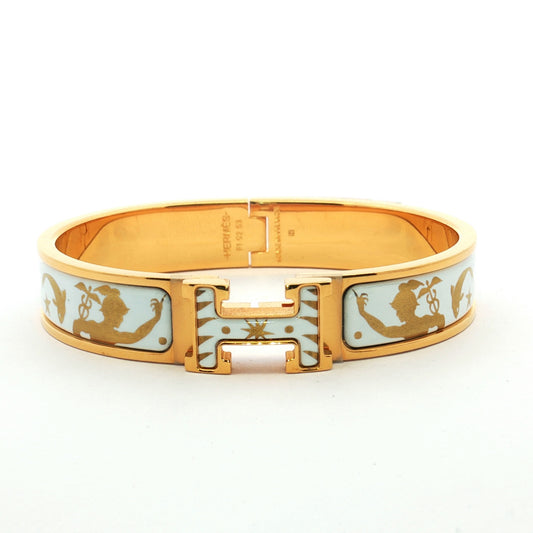 Hermès Clic H Patterned White Enamel Gold Bracelet