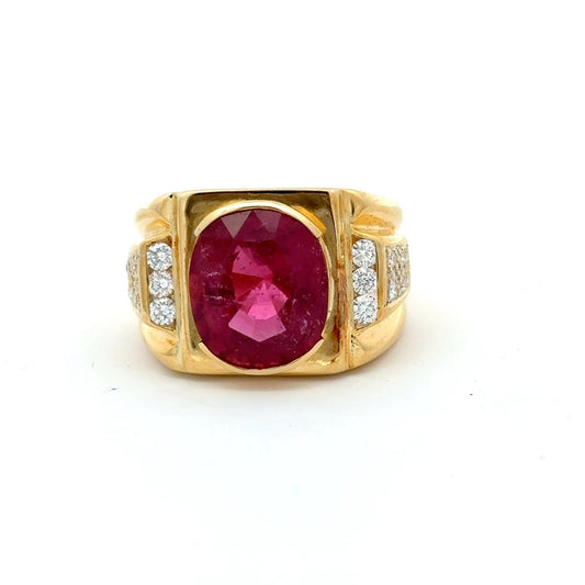 18ct Yellow Gold Rubellite Tourmaline Diamond Men's Ring
