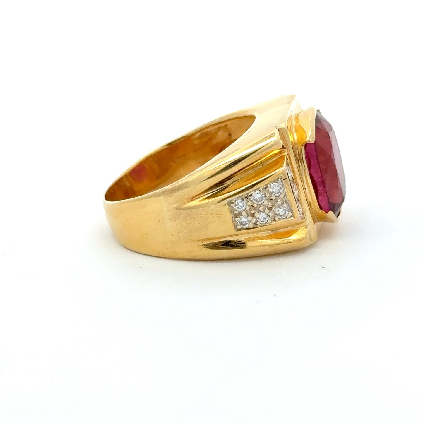 18ct Yellow Gold Rubellite Tourmaline Diamond Men's Ring