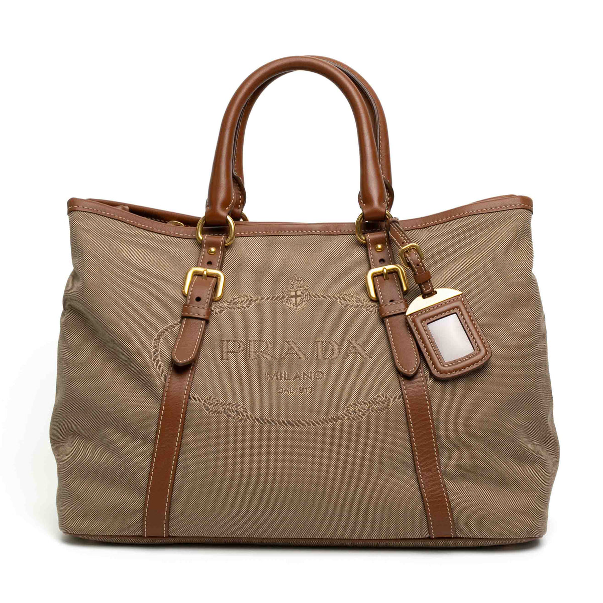 Prada Jacquard Canvas Leather Trim Tote Bag