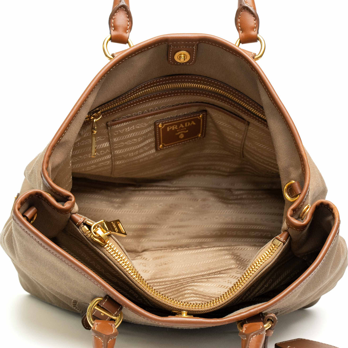 Prada Jacquard Canvas Leather Trim Tote Bag