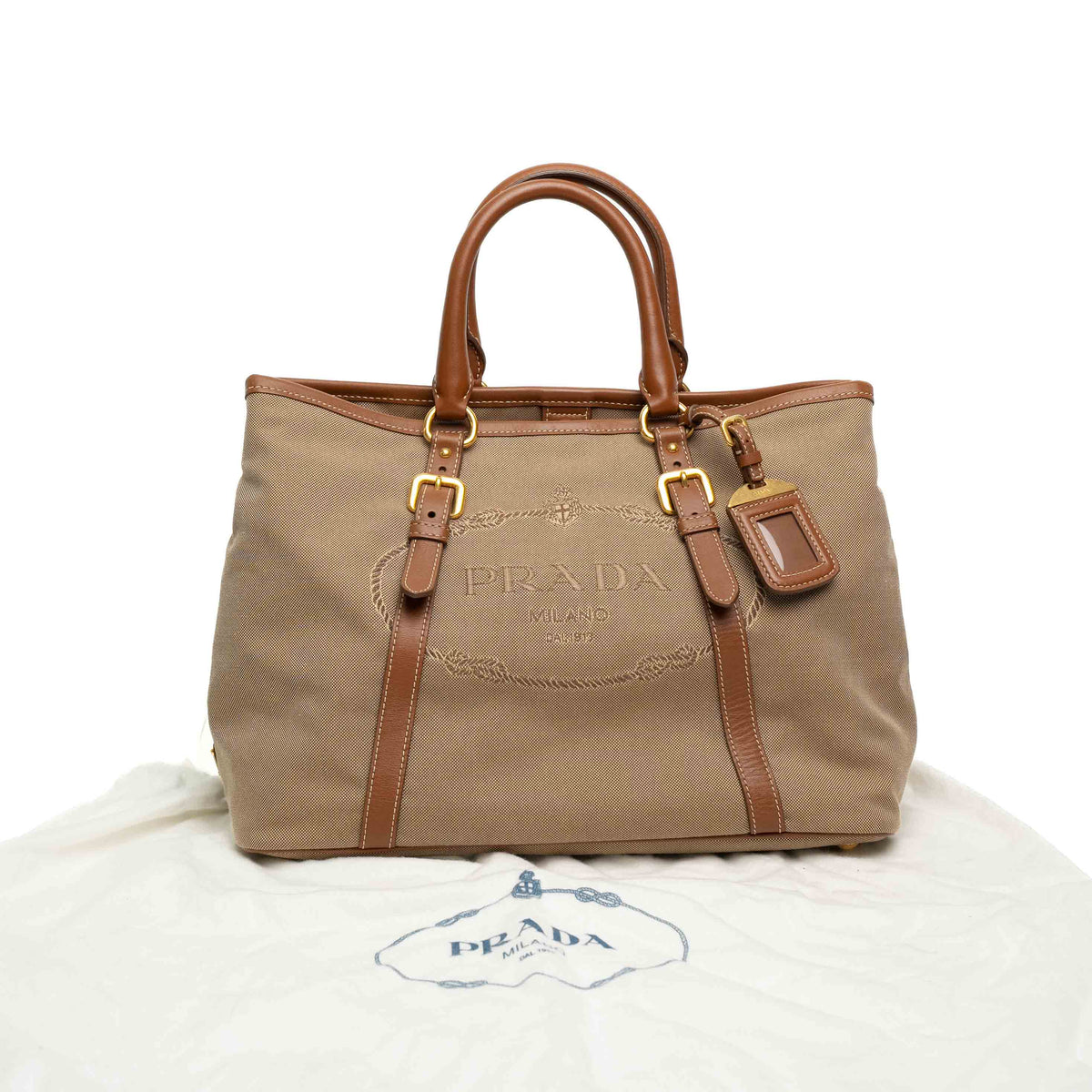 Prada Jacquard Canvas Leather Trim Tote Bag