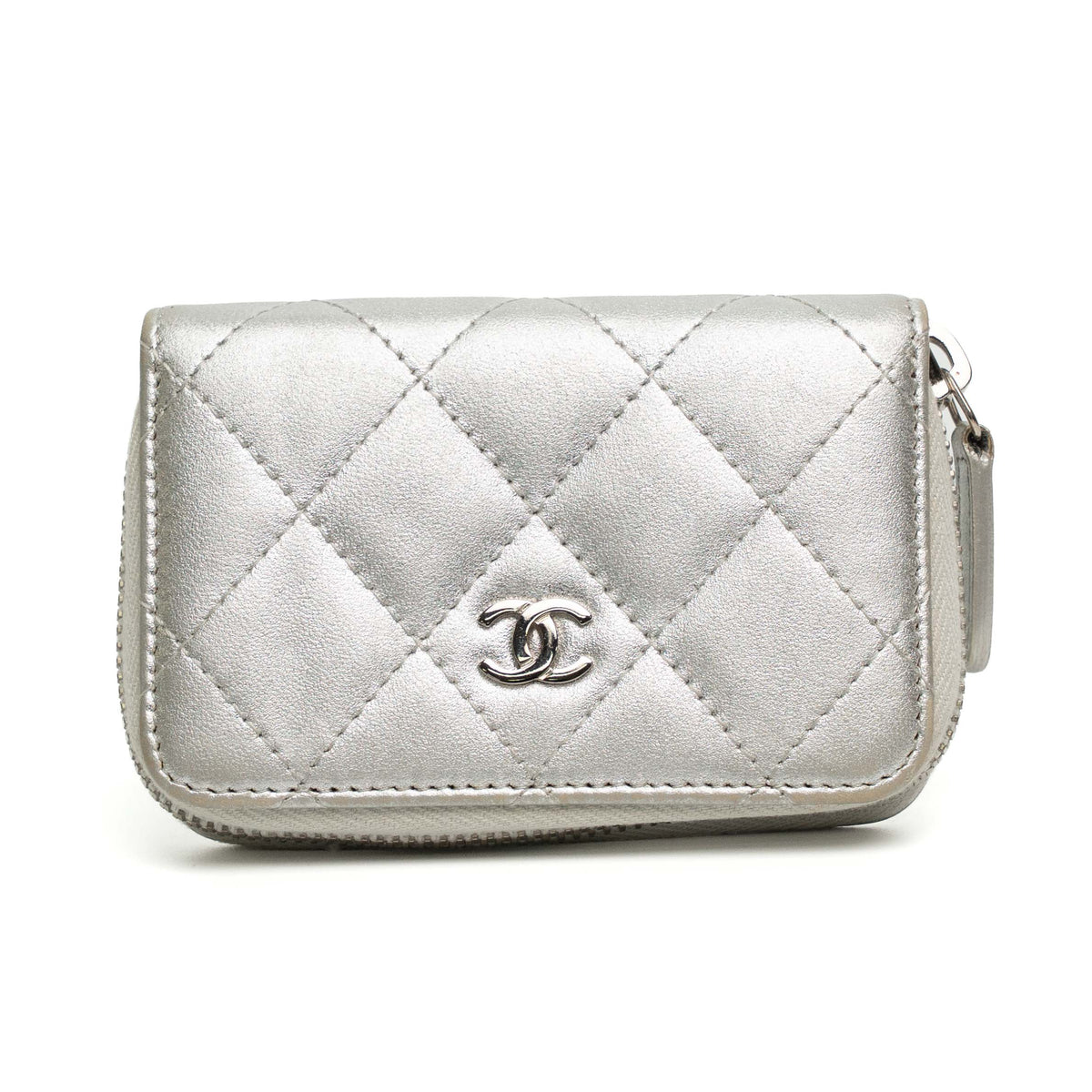 Chanel Silver Quilted Caviar Zippy Wallet
