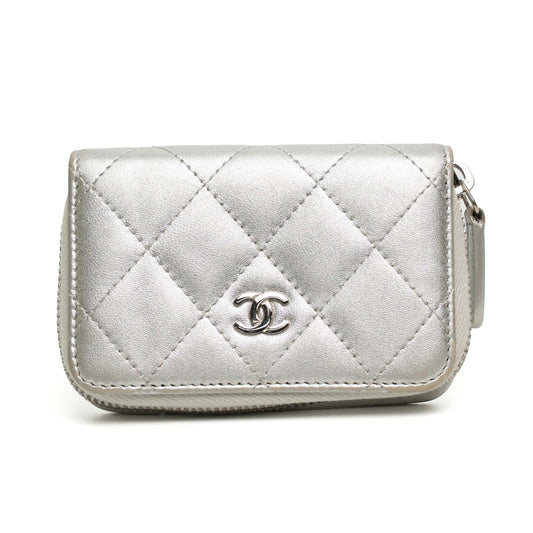 Chanel Silver Quilted Caviar Zippy Wallet