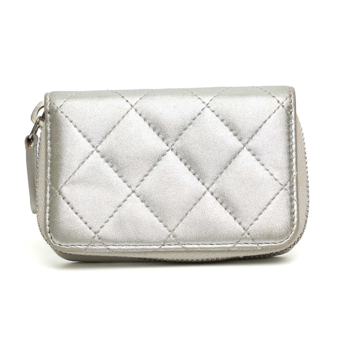 Chanel Silver Quilted Caviar Zippy Wallet