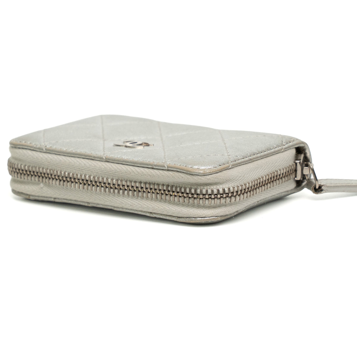 Chanel Silver Quilted Caviar Zippy Wallet