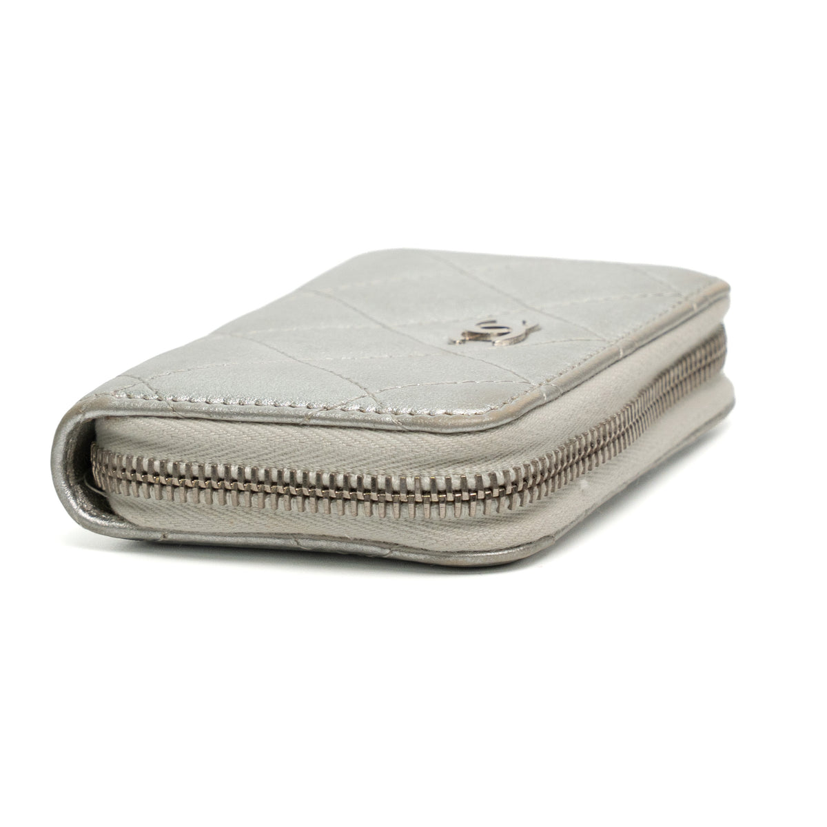 Chanel Silver Quilted Caviar Zippy Wallet