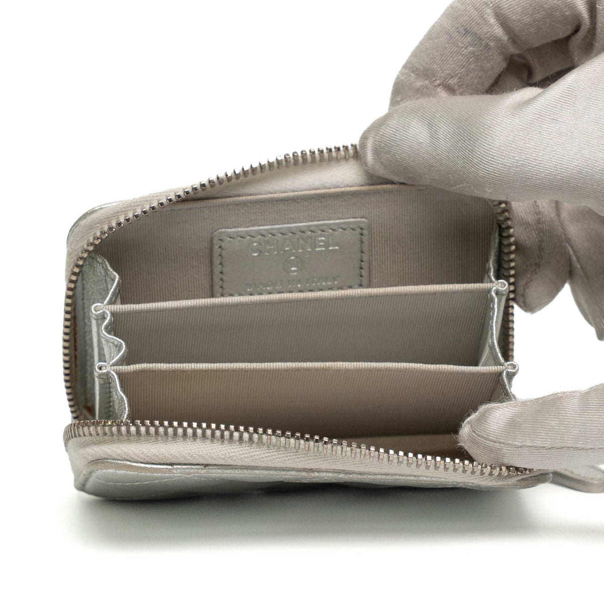 Chanel Silver Quilted Caviar Zippy Wallet