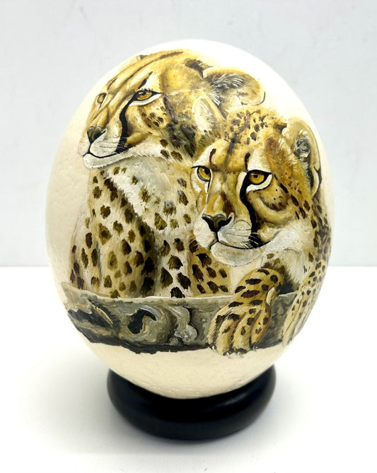 Hand Painted 'Cheetah Cubs Acinonyx Jubata' Ostrich Egg Shell image 0