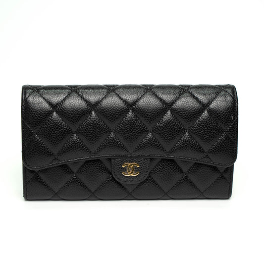 Chanel Black Caviar Quilted Long Flap Wallet